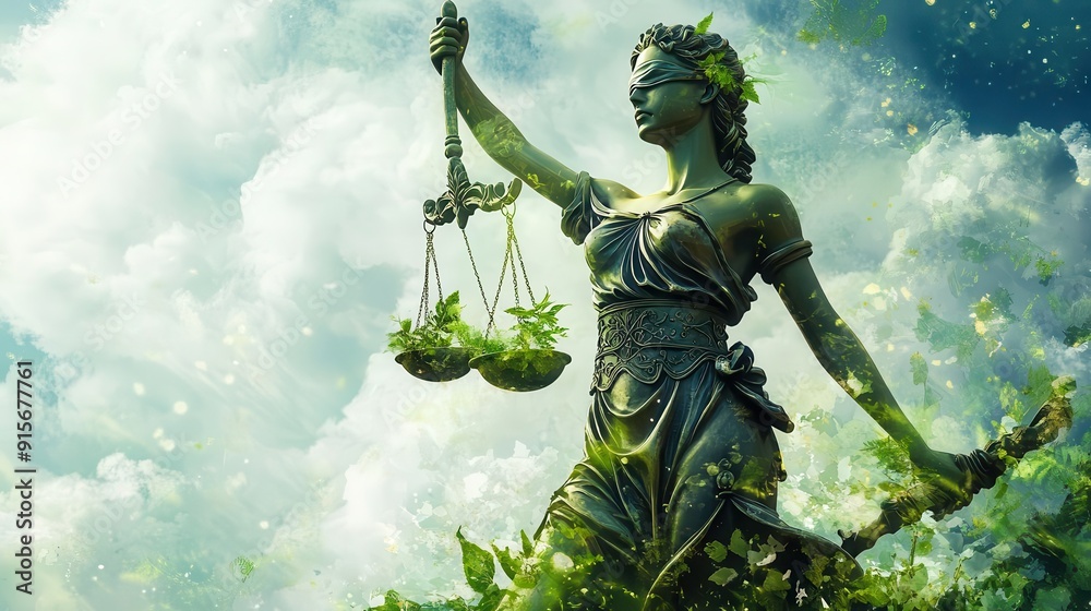 Fototapeta premium Conceptual artwork of Lady Justice with elements of nature, representing environmental justice