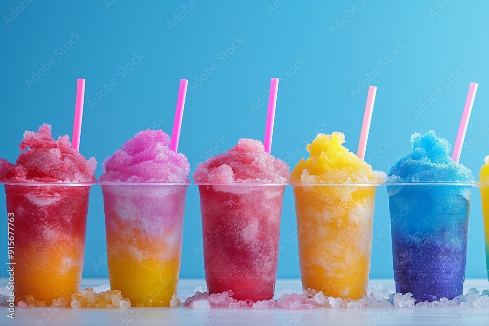 Colorful frozen slush drinks with straws on blue background. Image for smoothie bar advertising and menu. Colorful frozen slush drinks with straws on blue background. Image for smoothie bar advertising and menu.