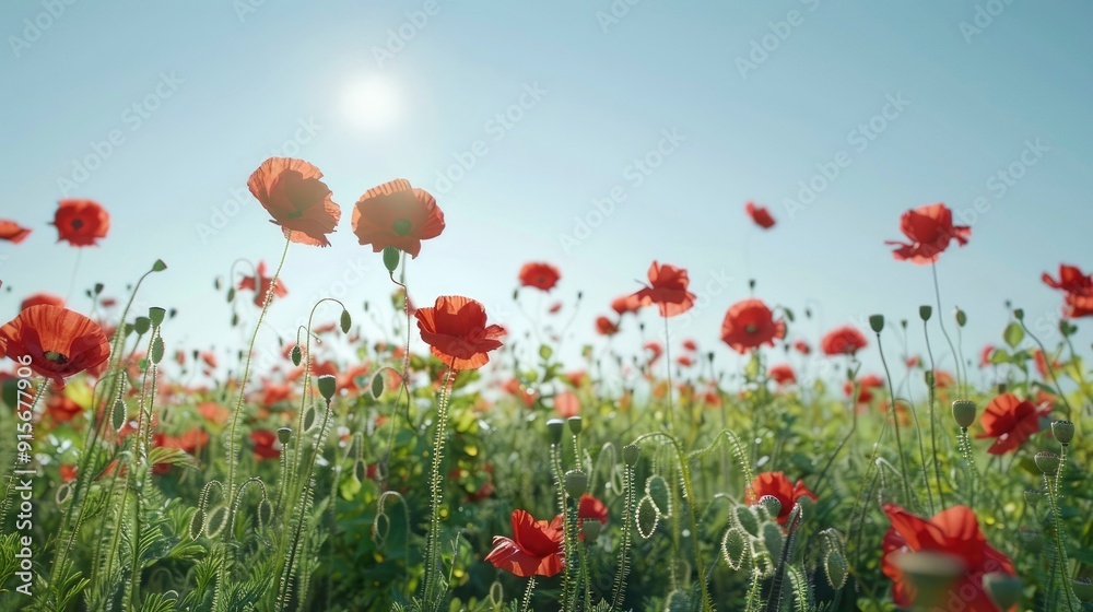 Obraz premium A vibrant field of poppies under a clear blue sky.