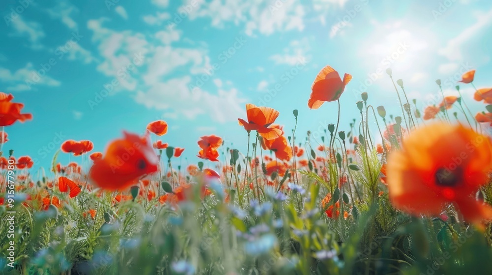 Obraz premium A vibrant field of poppies under a bright blue sky.