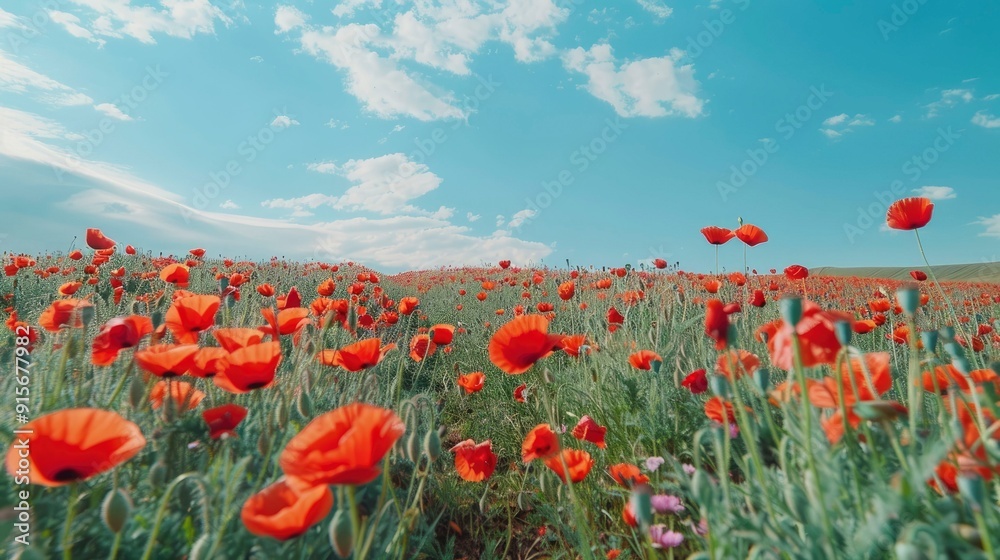 Obraz premium A vibrant field of poppies under a bright blue sky.