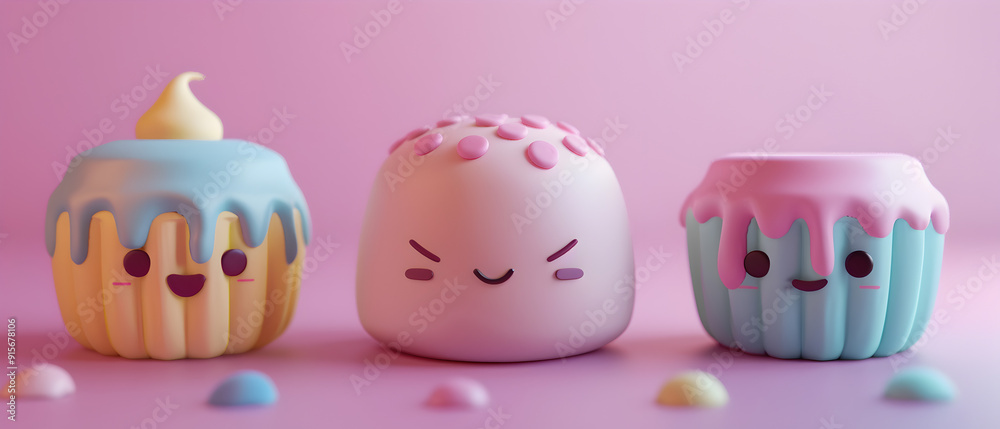 set of Adorable clay ,a cup cake of different varieties, muted pastels, 3D clay icon, Blender 3d, kawaii sweet cake, cute desert set of Adorable clay ,a cup cake of different varieties, muted pastels, 3D clay icon, Blender 3d, kawaii sweet cake, cute desert