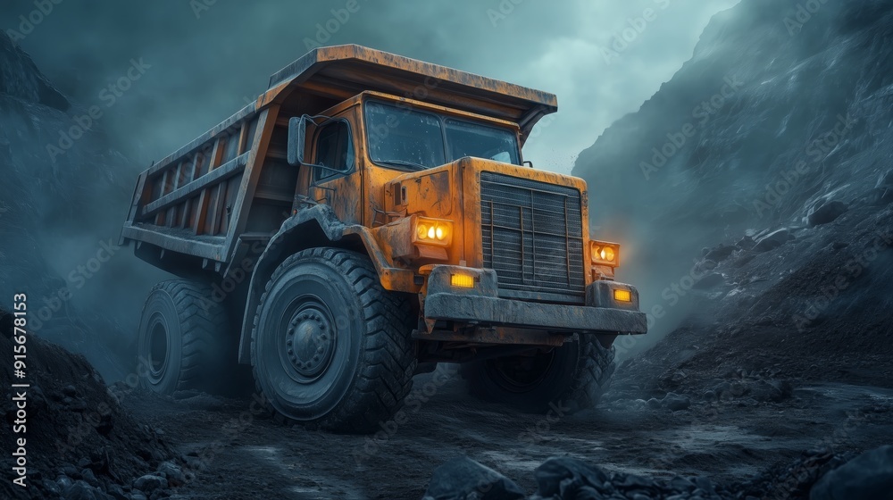 A single mining truck sits on a construction site, isolated against a background of dirt and industrial machinery. A single mining truck sits on a construction site, isolated against a background of dirt and industrial machinery.