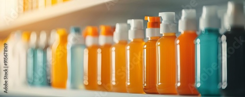 Colorful plastic bottles filled with various liquids arranged neatly on a shelf, creating a vibrant and inviting display.