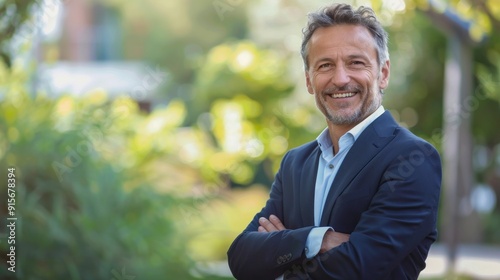 Happy middle aged business man entrepreneur looking at camera outdoors.