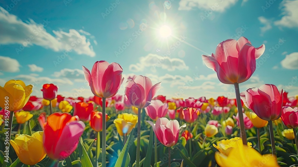 A vibrant field of tulips under a sunny sky. A vibrant field of tulips under a sunny sky.