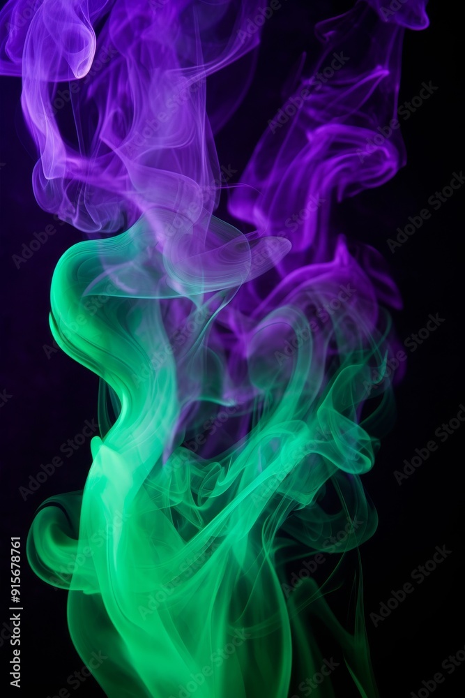 Abstract colorful smoke art in purple and green hues on a dark background. Abstract colorful smoke art in purple and green hues on a dark background.
