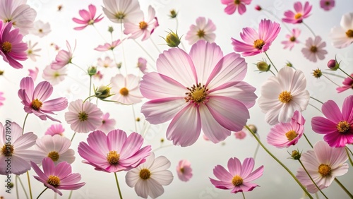 Delicate pink Cosmos petals fluttering freely, scattered and isolated on a pure white background, capturing the gentle beauty of nature's fleeting moments.
