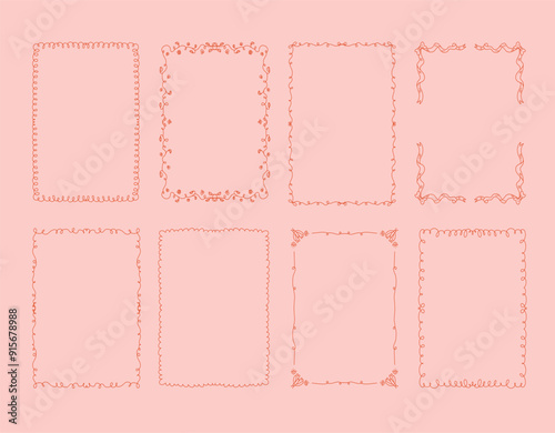 Collection of eight decorative whimsical frames in coquette style on a light pink background. A4 card size. Vector hand drawn graphic set