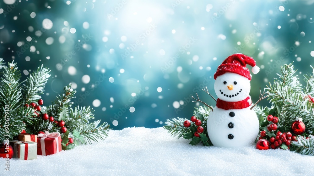 Fototapeta premium Happy snowman standing in christmas landscape. Snow background with copy space