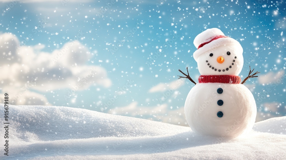 Fototapeta premium Happy snowman standing in christmas landscape. Snow background with copy space