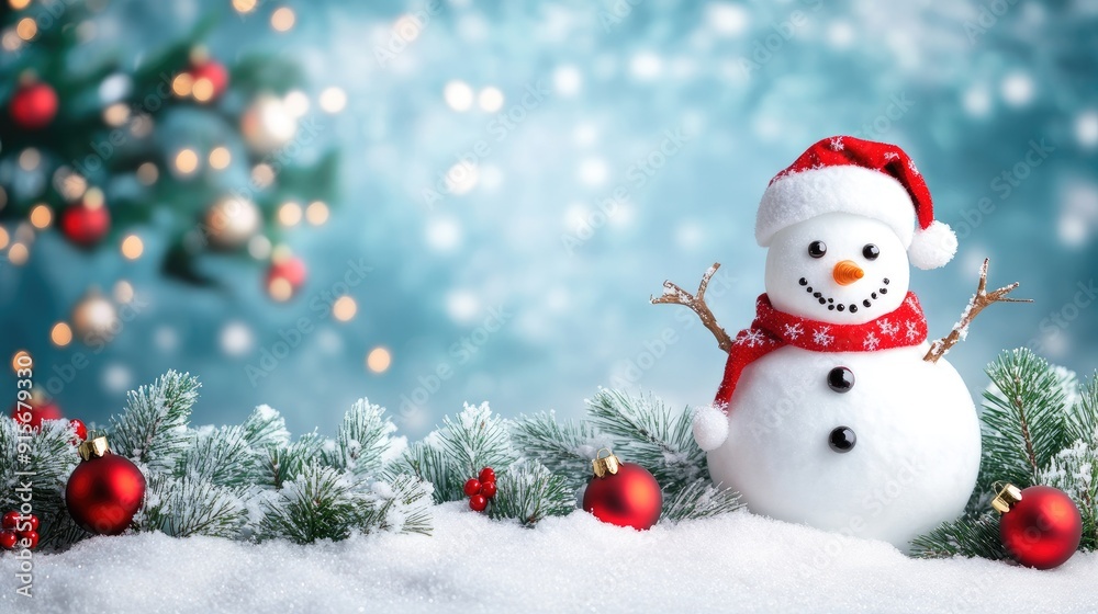 Fototapeta premium Happy snowman standing in christmas landscape. Snow background with copy space