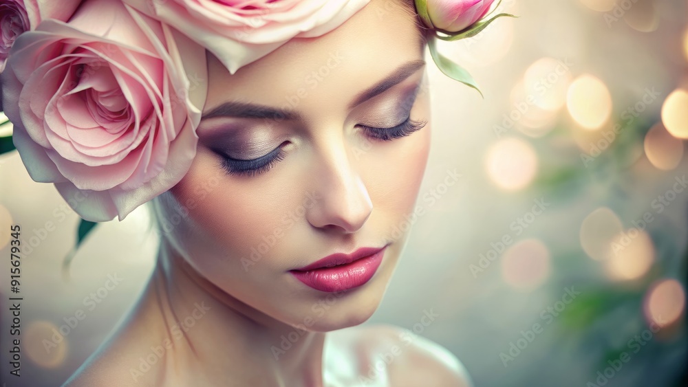 Soft focus on a delicate, dew-kissed complexion, adorned with a single pink rose petal on the forehead, exuding serene beauty and gentle femininity. Soft focus on a delicate, dew-kissed complexion, adorned with a single pink rose petal on the forehead, exuding serene beauty and gentle femininity.