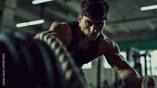 A muscular man doing battle rope exercises in the gym to burn calories, with blue smoke around him, and cinematic lighting