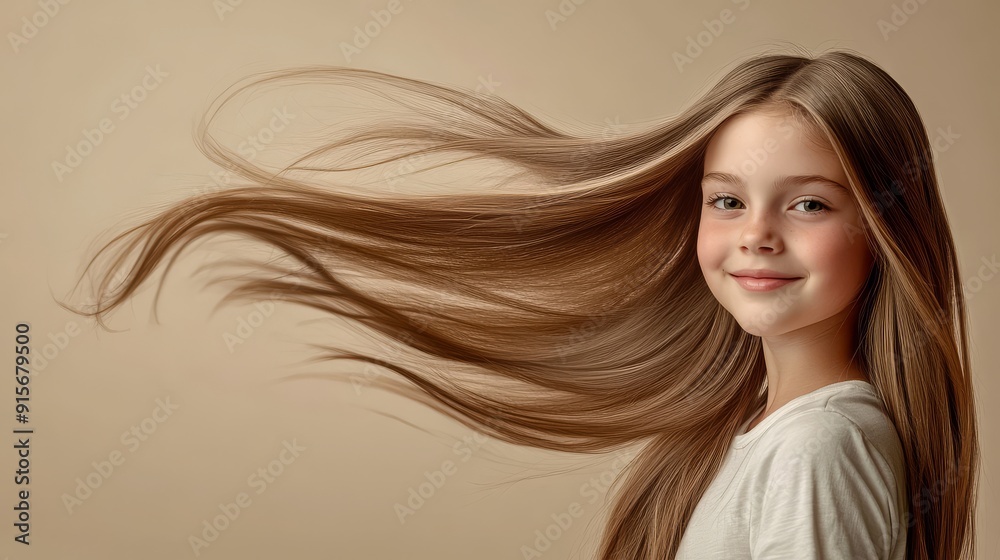 A cheerful girl with long hair smiles brightly, capturing the moment of joy A cheerful girl with long hair smiles brightly, capturing the moment of joy