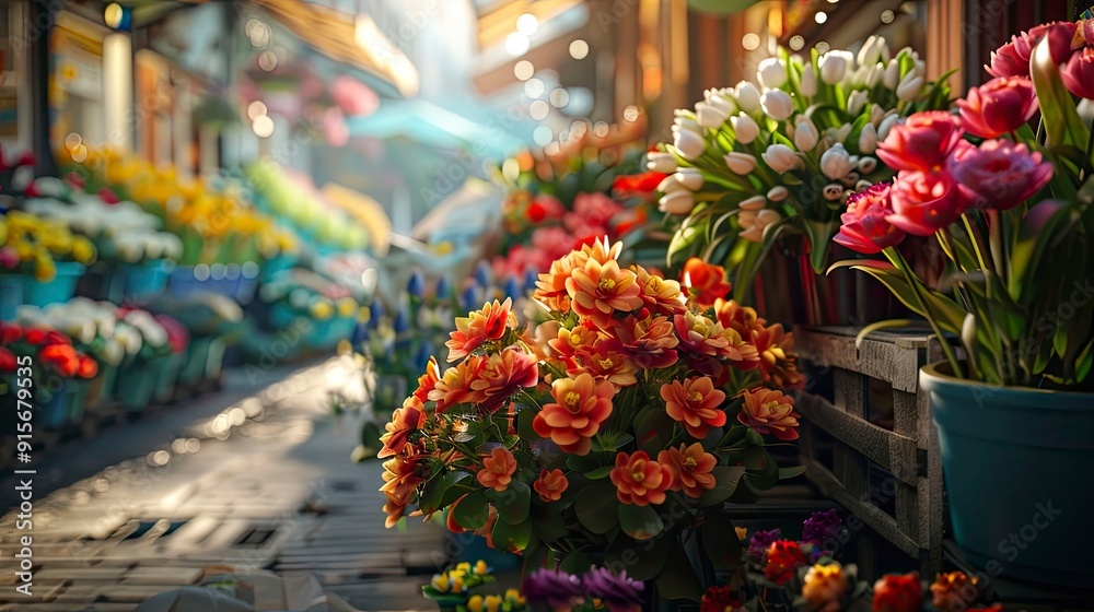 A vibrant flower market with fresh flowers and an array of colors. A vibrant flower market with fresh flowers and an array of colors.