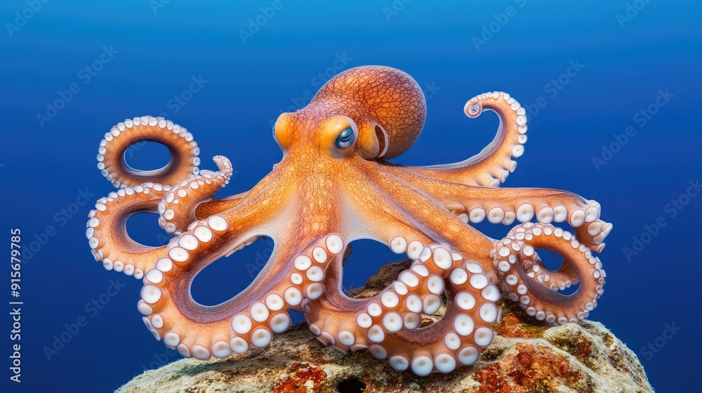 Underwater octopus resting on a rock in the Mediterranean Sea Underwater octopus resting on a rock in the Mediterranean Sea