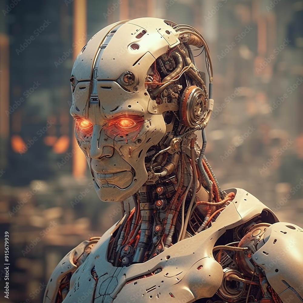 Close-up portrait of a robot's head with glowing red eyes, depicting advanced artificial intelligence. Close-up portrait of a robot's head with glowing red eyes, depicting advanced artificial intelligence.