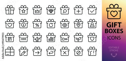 Gift box icons set with editable stroke