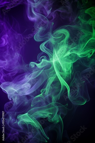 Abstract colorful smoke art in purple and green hues on a dark background.