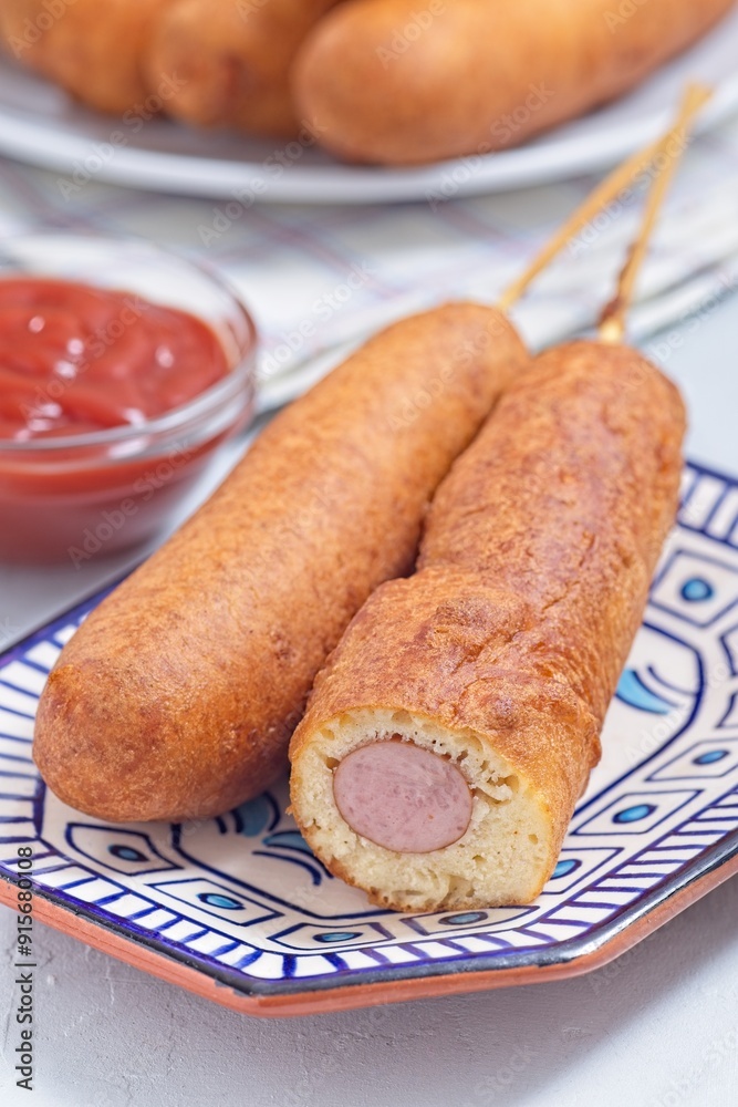 Corn dogs on white blue plate, served with ketchup, vertical closeup