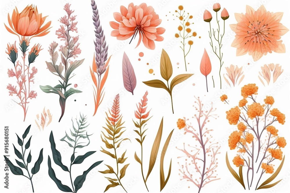 Set of hand-drawn floral elements in pastel colors, perfect for design projects. Set of hand-drawn floral elements in pastel colors, perfect for design projects.