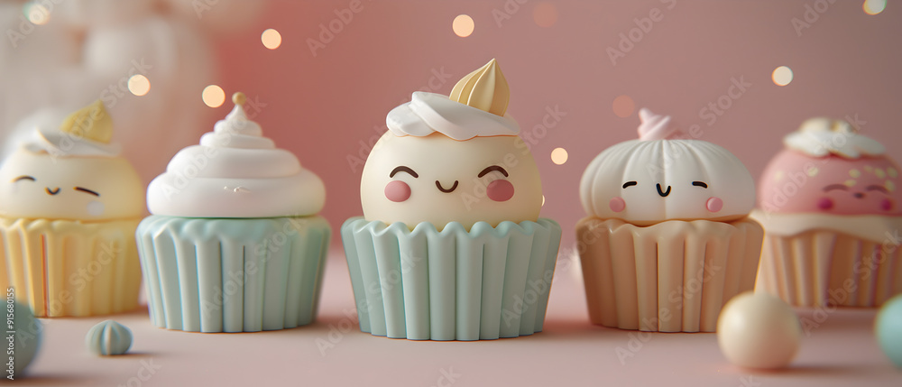 set of Adorable clay ,a cup cake of different varieties, muted pastels, 3D clay icon, Blender 3d, kawaii sweet cake, cute desert