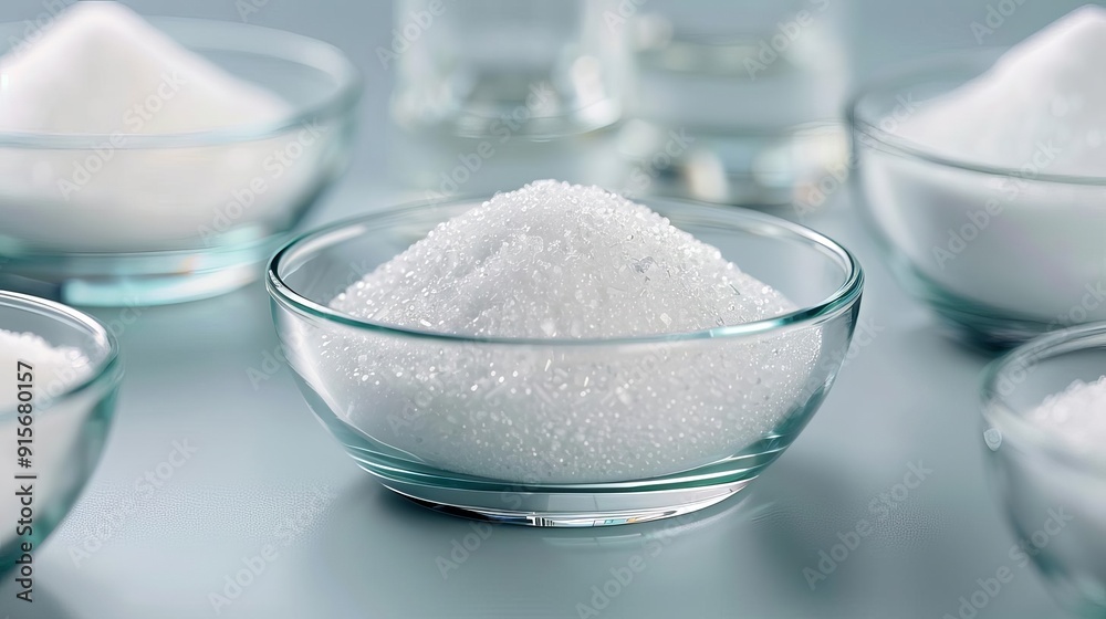 A collection of small glass bowls filled with granulated sugar, showcasing its fine texture and sparkling appearance. A collection of small glass bowls filled with granulated sugar, showcasing its fine texture and sparkling appearance.