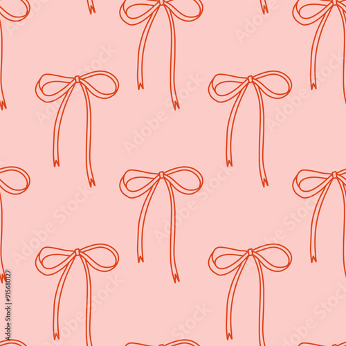 Seamless pattern of simple coquette bows on a soft pink background. Bows pattern. Red ribbons on pink backdrop. Perfect for wrapping paper