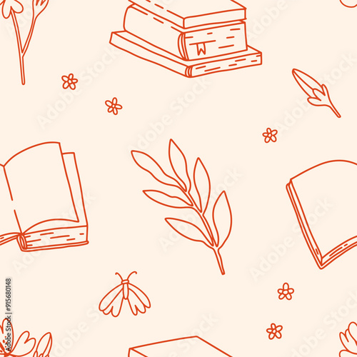 Seamless pattern with books, leaves, florals, butterfly. Magical light academia style line art pattern. Whimsical academic atmosphere vector background