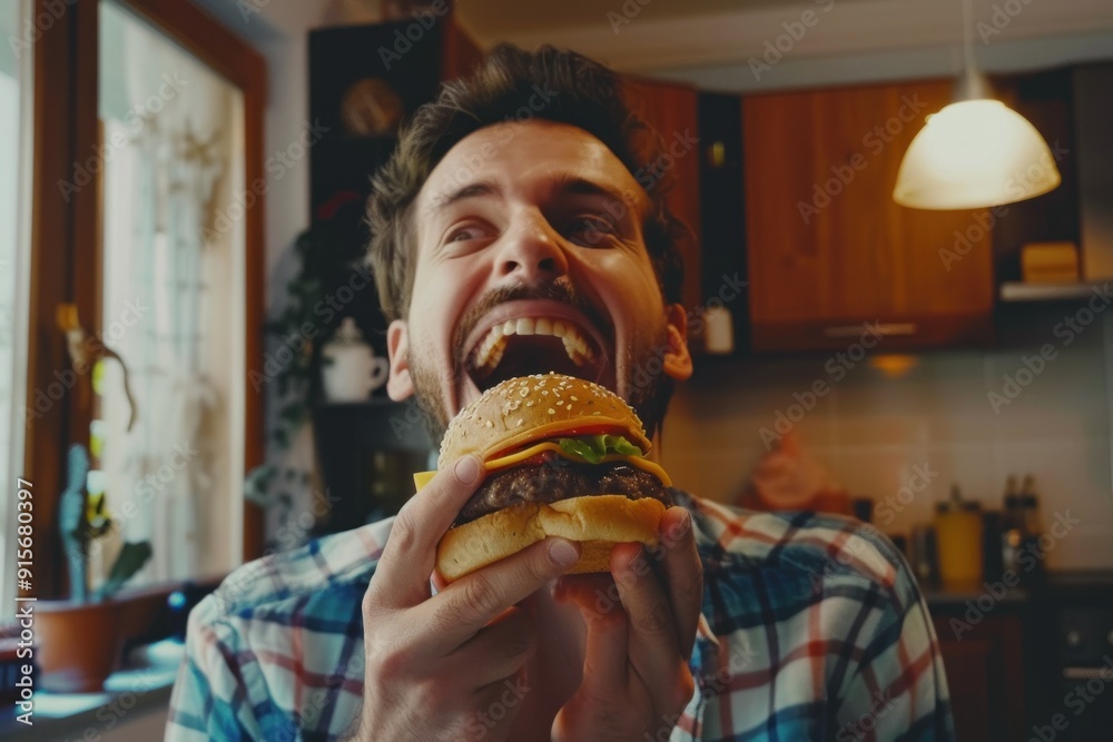 Ecstatic man holding burger in cozy, warmly lit kitchen Ecstatic man holding burger in cozy, warmly lit kitchen