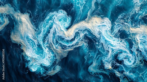 Aerial view of blue and turquoise marble with swirling patterns, capturing the dynamic movement of ocean waves under bright sunlight. --ar 16:9 --v 6.0 --s 250 --style raw