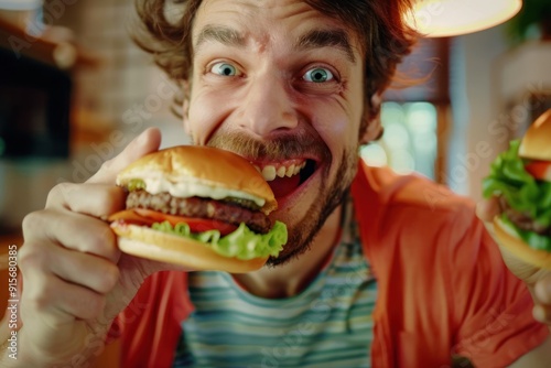 Man enjoying burger with excited expression indoors.