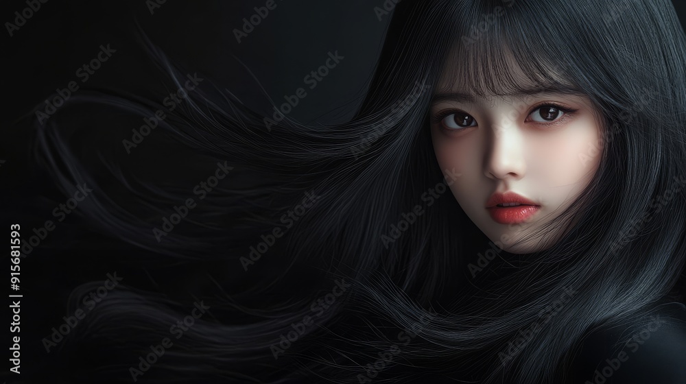 A little girl with smooth hair looks thoughtfully into the distance A little girl with smooth hair looks thoughtfully into the distance