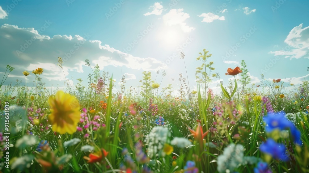 Obraz premium A vibrant meadow with colorful wildflowers under a sunny sky.