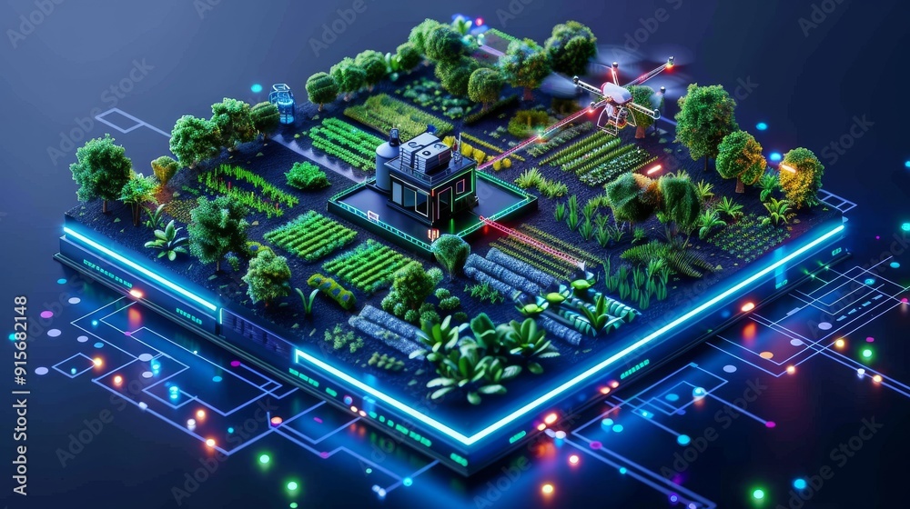 Fototapeta premium Futuristic digital farm with smart technology integration, showcasing modern agriculture, lush greenery, and advanced tech interface.