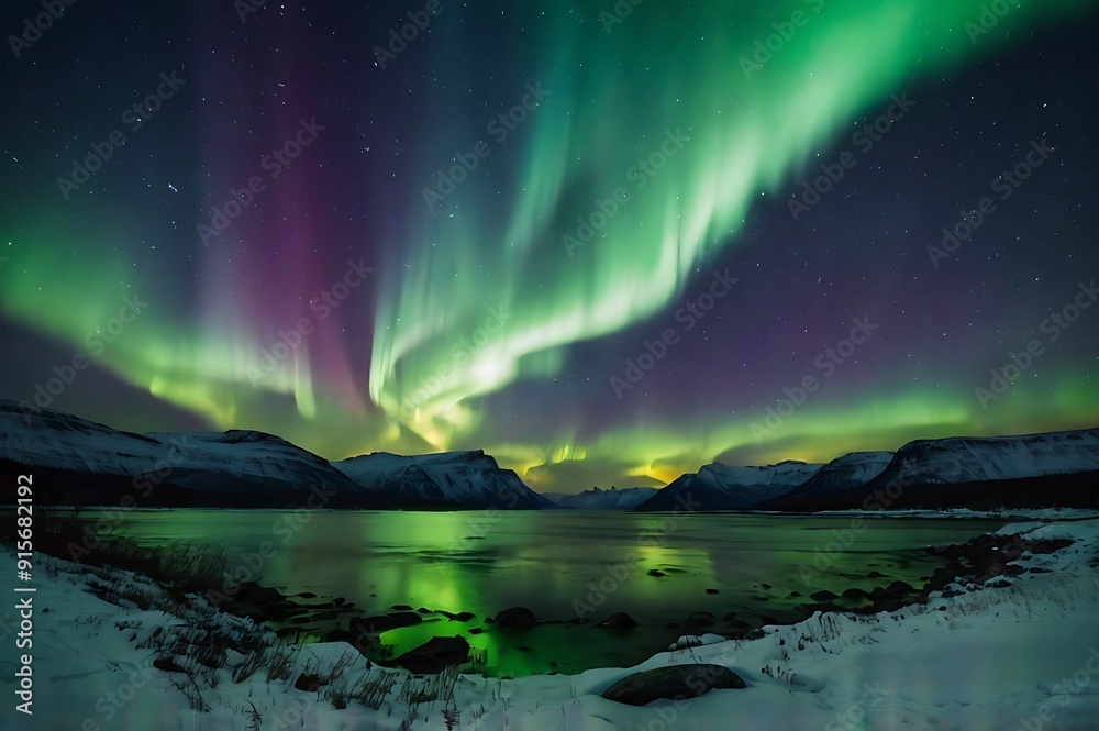 Northern panorama view of aurora in sky night full of beauties, combination of purple and green colors aurora borealis in unique landscape Northern panorama view of aurora in sky night full of beauties, combination of purple and green colors aurora borealis in unique landscape