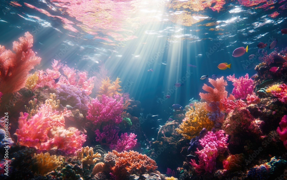 Generative AI of Radiant Coral Reef with Streaming Sunlight and Colorful Fish Concept for Underwater Ecosystem Photography, Marine Conservation, and Diving Excursions Generative AI of Radiant Coral Reef with Streaming Sunlight and Colorful Fish Concept for Underwater Ecosystem Photography, Marine Conservation, and Diving Excursions