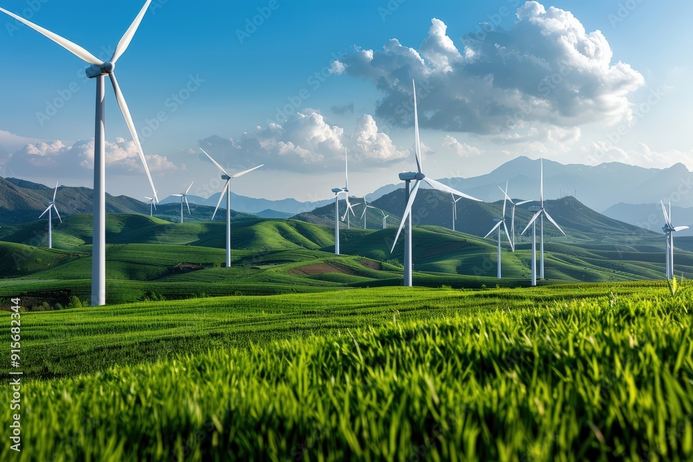 A picturesque wind farm sprawls over rolling green hills, demonstrating ...