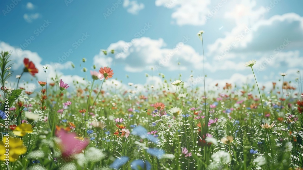 A vibrant meadow with wildflowers under a bright sky. A vibrant meadow with wildflowers under a bright sky.