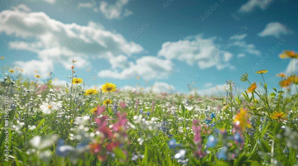 A vibrant meadow with wildflowers under a sunny sky. A vibrant meadow with wildflowers under a sunny sky.