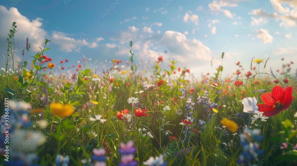 A vibrant meadow with wildflowers in bloom. A vibrant meadow with wildflowers in bloom.