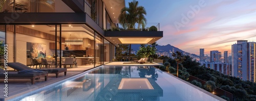 Modern luxury villa with an infinity pool overlooking a stunning city skyline at sunset, featuring chic and lavish interior design.