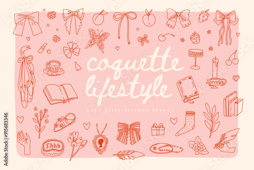 A collection of delicate coquette lifestyle elements. Hand drawn charming doodle coquette aesthetics. Vintage accessories, bows, ribbons and flowers on a soft pink background