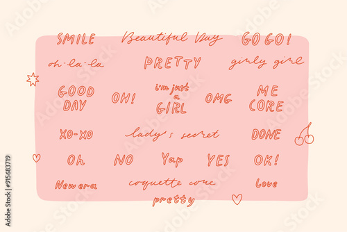 Whimsical handwritten lettering. Simple doodle phrases in red color on pink background. Motivational sticker pack, planer stickers. OMG, smile, good day, pretty, me core - text, Vector collection