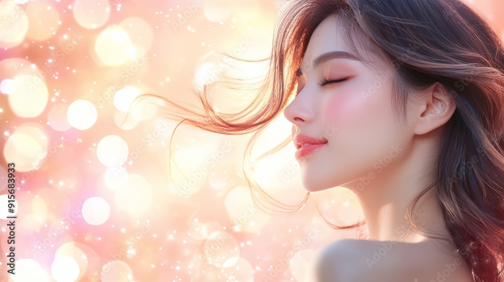 A Japanese woman embraces the tranquility of nature with flowing hair A Japanese woman embraces the tranquility of nature with flowing hair