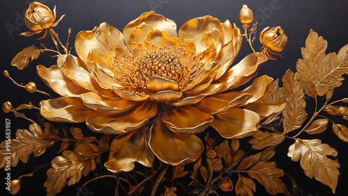 An abstract floral oil painting,with a golden burst of blooms.