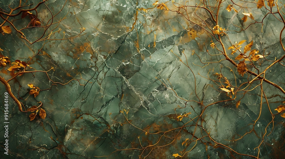 Obraz premium Close-up of earthy brown marble with green and gold veins, photographed with a shallow depth of field to focus on the forest floor-inspired patterns. --ar 16:9 --v 6.0 --s 250 --style raw