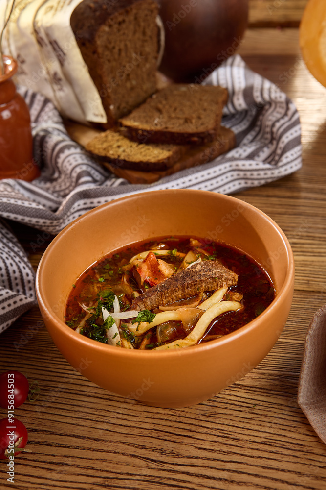 Hearty Beef Lagman Soup in Orange Bowl with Rustic Bread Hearty Beef Lagman Soup in Orange Bowl with Rustic Bread
