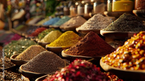 A vibrant spice market with an array of colorful spices and aromatic herbs.